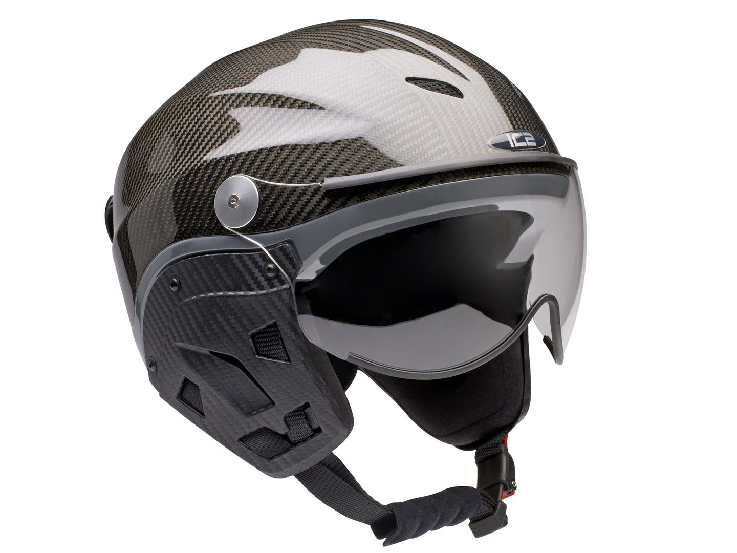 Nevo helmet, gloss-finish carbon fibre, grey edge trim