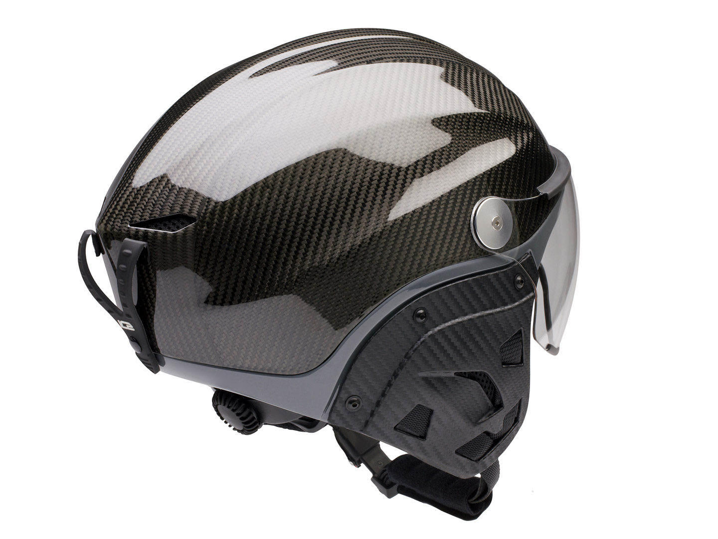 Nevo helmet, gloss-finish carbon fibre, grey edge trim